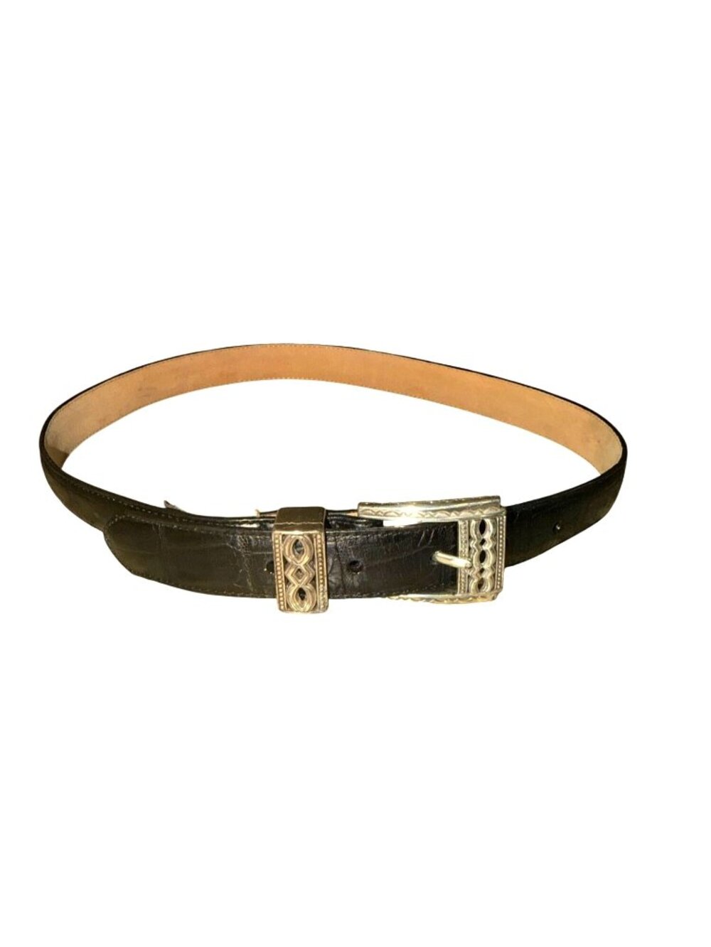 Vintage 90s Brighton Black Croc Embossed Leather Belt Ornate Silver Buckle M/L